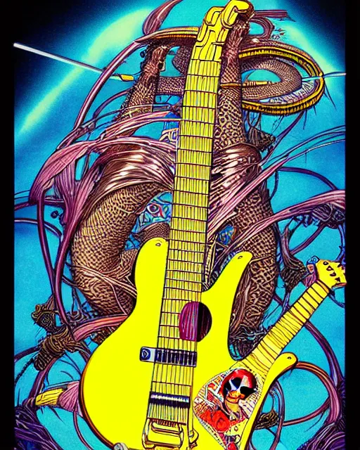 Prompt: hyper detailed illustration of a a banana with bass guitar, intricate linework, lighting poster by moebius, ayami kojima, 9 0's anime, retro fantasy