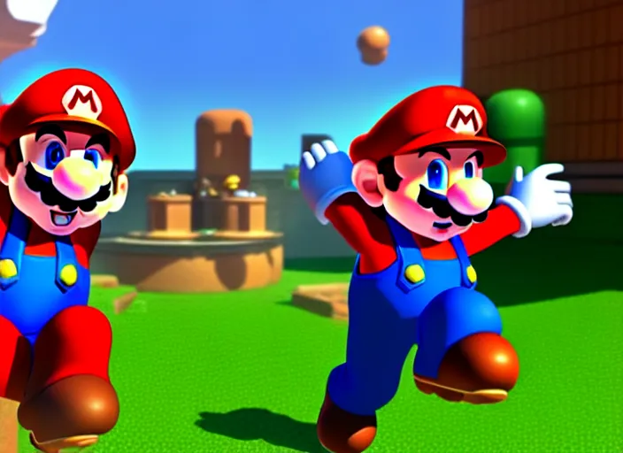 Prompt: mario!!! and master chief in 3 d video game screenshot!!! from the new video game mario halo