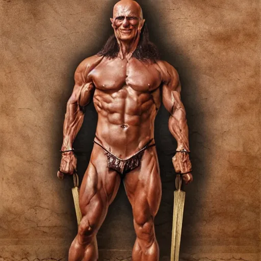 Image similar to enrico letta warlord wearing bronze age clothing, bodybuilder, anatomical, symmetrical, zoom out, high quality, high definition, 8 k, photograph photorealistic by frank frazetta