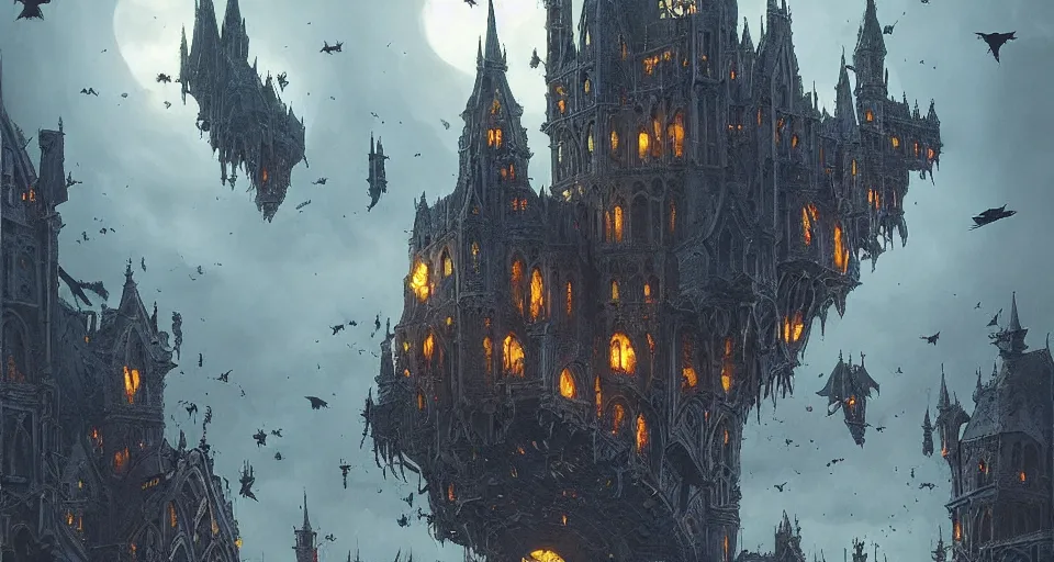 Prompt: floating flying castle with gothic architecture and swarms of tiny black specks, by Greg Rutkowski and Raphael Lacoste and Dan Mumford, detailed, volumetric lighting, swarms of ravens, sorcerous magic, dusk