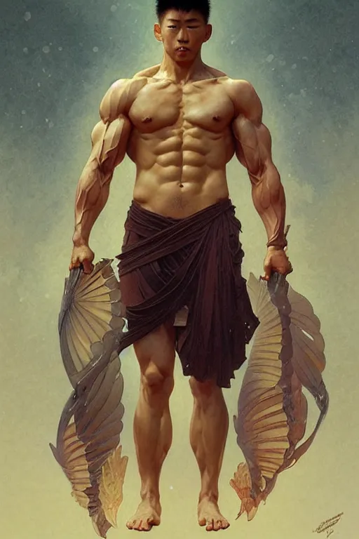 Prompt: Japanese god, gorgeous, amazing, muscular, fit, very muscular male body, intricate, highly detailed, digital painting, artstation, concept art, sharp focus, illustration, art by greg rutkowski and alphonse mucha