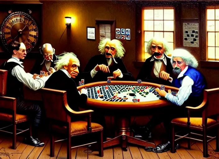 Image similar to isaac newton and stephen hawkins and albert einstein playing poker in an old west saloon, intricate, highly detailed, centered, digital painting, artstation, concept art, smooth, sharp focus, illustration, art by james gurney and norman rockwell and greg rutkowski