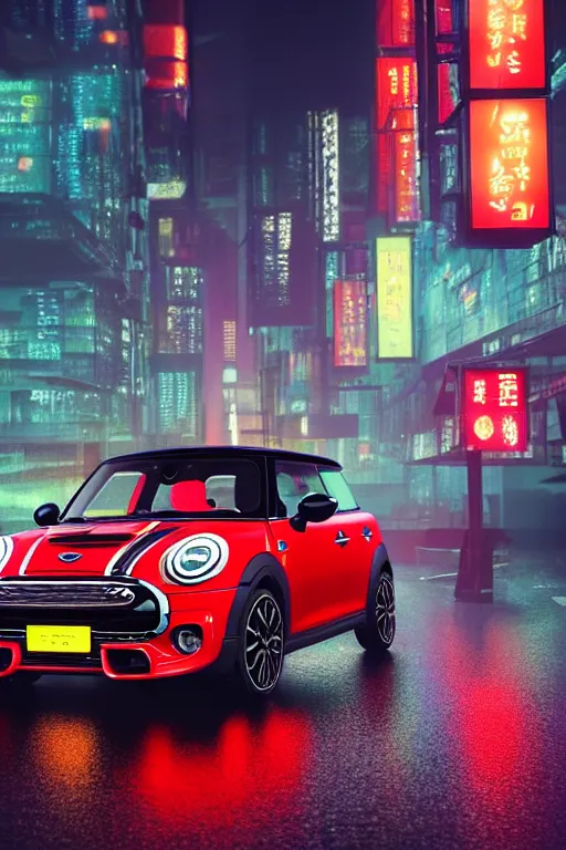 Prompt: Red Mini Cooper S, Futuristic Asian city at night with rain, Cyberpunk style, Neon lights, Matte paiting, cinematic lighting, corona render, smoke, light rays, 8k