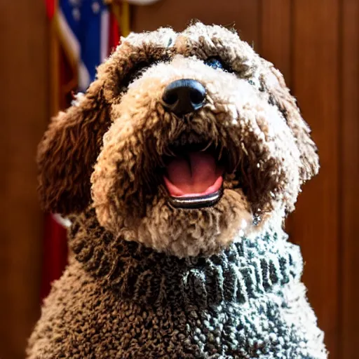 Image similar to a closeup photorealistic photograph of a smiling knitted bernedoodle judge dog dressed in a black gown, presiding over the courthouse. indoors, professional capture, well lit shot. this 4 k hd image is trending on artstation, featured on behance, well - rendered, extra crisp, features intricate detail, epic composition and the style of unreal engine.