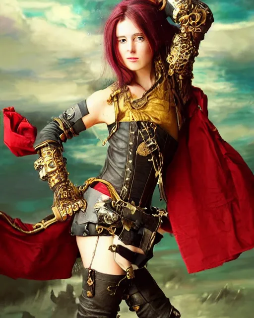 Image similar to a beautiful young female steampunk pirate wearing leather armor on gold and red trimmings on green, very cool pose, pirate ship with an epic sky background, slightly smiling, by Charlie Bowater Annie Leibovitz, zhuoxin ye, cinematic lighting and composition, fantasy painting, very detailed, ornate, 8k trending on artstation and pinterest, deviantart, google images