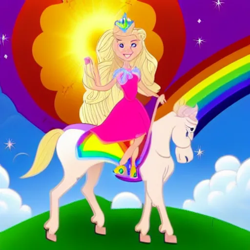 Prompt: a princess with extremely long blond hair from a cartoon riding a unicorn over a rainbow render as old Disney cartoons