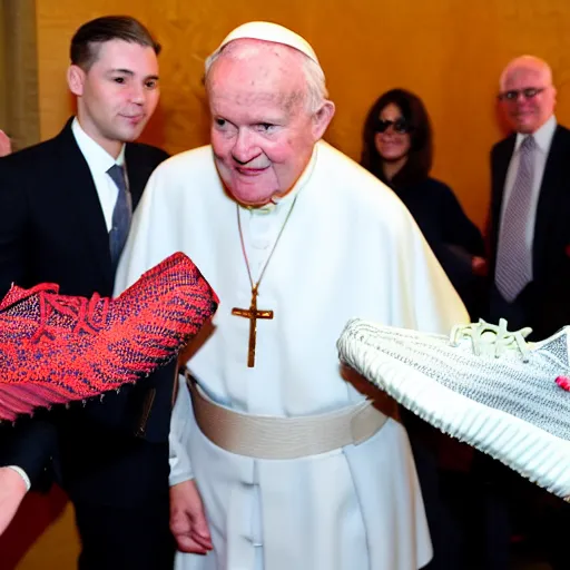 Image similar to john paul ii admiring a yeezy 3 5 0 sneaker in his hands