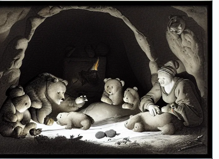 Image similar to Pieter Claesz's 'bear and her cubs sleeping in a dark cave lit by campfire', night time, cross hatching, framed