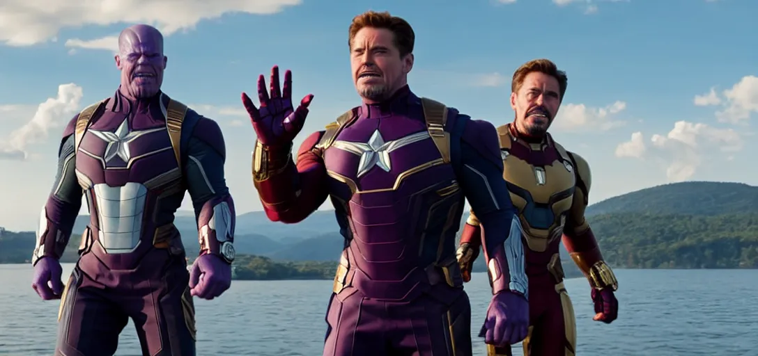 Image similar to a very high resolution image from a new movie. thanos waving at tony stark while capitan america watches on a lake, photorealistic, photography, directed by wes anderson