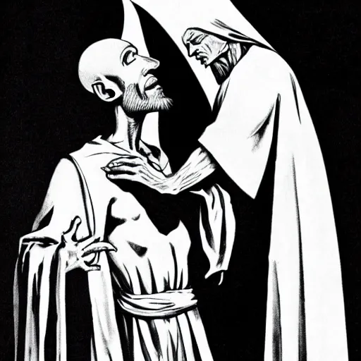 Image similar to jesus in white robes is standing behind nosferatu, about to sink his sharp teeth into nosferatu's neck. nosferatu has a halo over his head