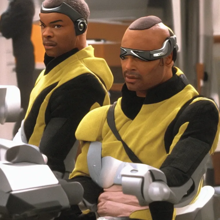 Image similar to geordi laforge wearing visor and high tech ear muffs on his head and kinda looks like lobot