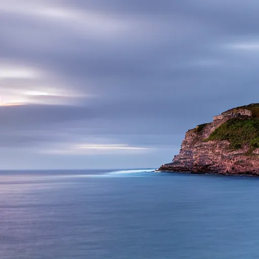 Image similar to micro - hurricane, blue hour, early night, deep blue atmosphere, scattered islands, sea, ocean, low pressure system, cloud with eye, very windy, late evening, distant hotel retreat on cliffside, shining lights on cliff side, polaroid photograph