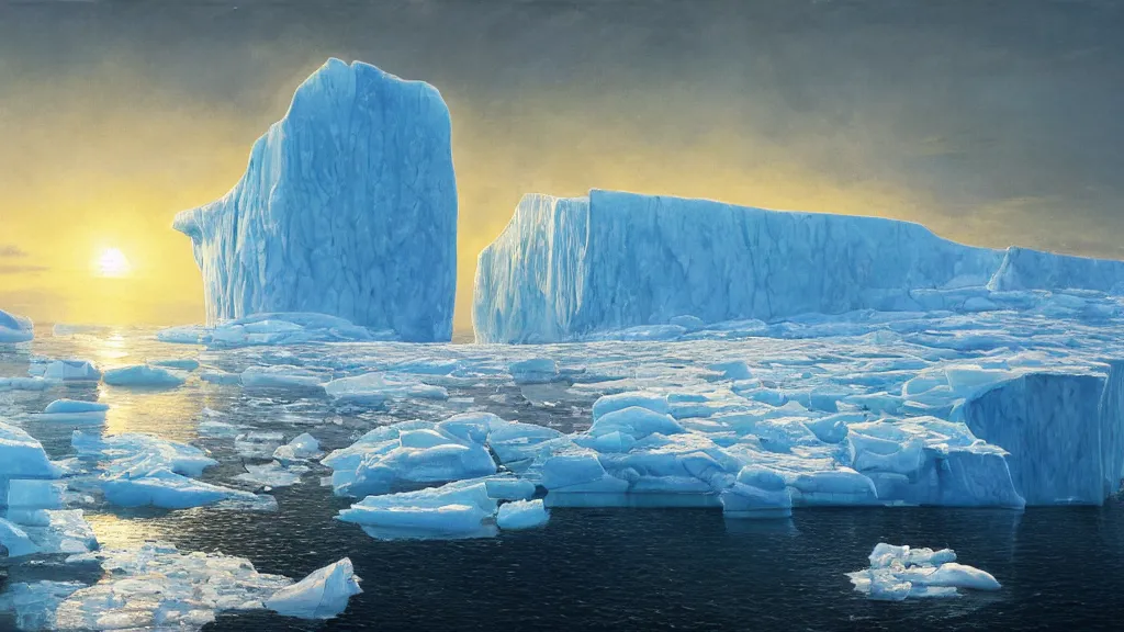 Image similar to the most beautiful panoramic landscape, oil painting, where a giant iceberg is lost in the frozen artic ocean, a giant polar bear is exhaling steam while walking over the iceberg, the frozen artic ocean is reflecting the giant polar bear and the ray lights of the sunrise are brightening him, by greg rutkowski