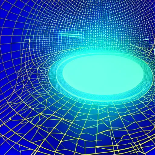 Image similar to a black hole behind a golden wireframe geometric structure, deep blue and dark cyan nebula background, highly detailed artwork