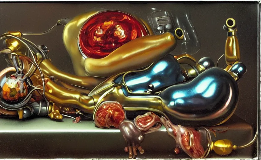 Image similar to strange seductive futuristic robot body, enticing colorful oil painting dutch golden age vanitas still life sparse composition with bulbous objects strange gooey transparent surfaces shiny metal reflections bizarre mutant meat insects rachel ruysch dali todd schorr very detailed perfect composition rule of thirds masterpiece canon 5 0 mm, cinematic lighting, photography, retro, film, kodachrome
