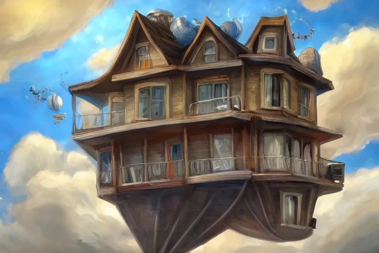 Image similar to A hyperdetailed digital oil painting of a house in the clouds,ladder,cartoon, Trending on ArtStation and DeviantArt