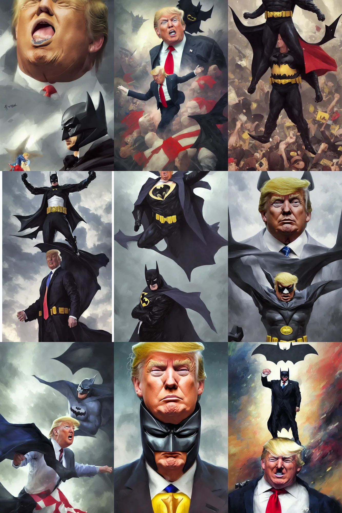 Prompt: depiction of Donald Trump as Batman illustration by Ruan Jia and Mandy Jurgens and William-Adolphe Bouguereau, Artgerm, 4k, digital art, surreal, space dandy style, highly detailed, godsend, artstation, digital painting, concept art, smooth, sharp focus, illustration by Ruan Jia and Mandy Jurgens and William-Adolphe Bouguereau