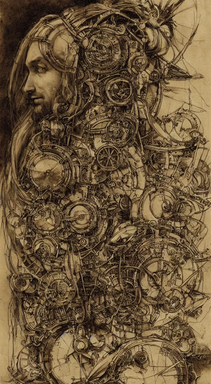 Prompt: Jean-Baptiste Monge and Alex Ross a artwork of leonardo da vinci sketches of steampunk machines