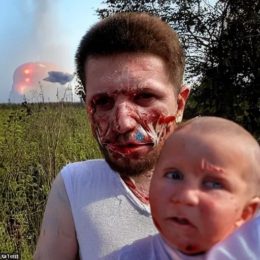 Prompt: radiation eats a ukrainian and his children alive, wild pain and desperate selfies, against the backdrop of a huge nuclear explosion from which the skin has already burned to the bone