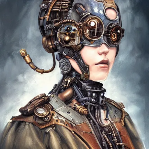 Prompt: portrait painting of a steampunk cyborg superhero, transhumanism, ultra realistic, concept art, studio ghibli, intricate details, eerie highly detailed