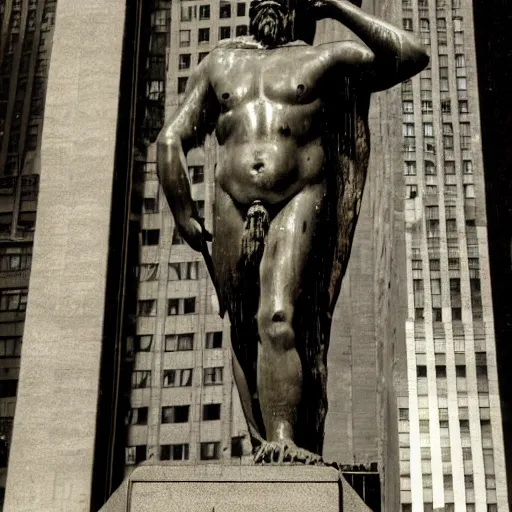 Image similar to Wet plate image of statue of a giant mythic man with black wings, age 34, outside 30 Rockefeller Center, Dark photo, Slightly blurred,