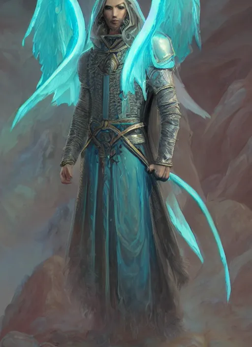 Image similar to aasimar hexblade warlock, teal energy, male, grand angel wings, silver hair, short beard, cloak, Ivan Aivakovsky, Boris Vallejo, epic fantasy character art, D&D Concept Art, full length, Realistic, Regal, Refined, Detailed Digital Art, Oil Paining, Exquisite detail, post-processing, masterpiece, Cinematic Lighting, Unreal Engine, 8k, HD