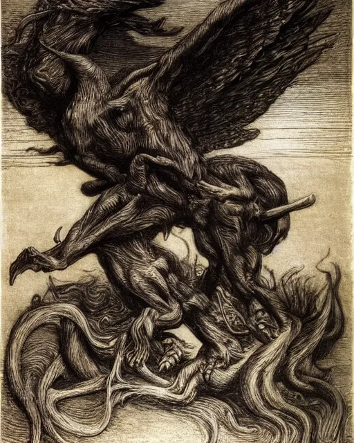 Prompt: a creature with the body and eyes of a man, with the beak of an eagle, the mane of a lion, and the horns of an ox drawn by jean delville