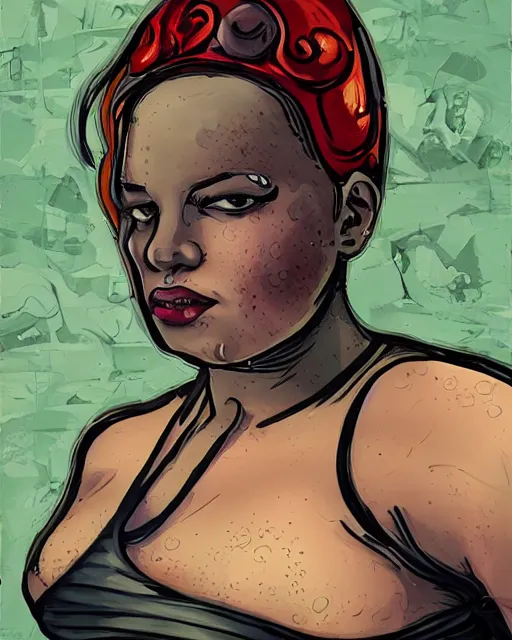 Prompt: upper body portrait of a > > > gorgeous < < < woman, bbw, muscular, wearing bikini. pop art, art nouveau, black oil bath. in the style of gta, enki bilal.
