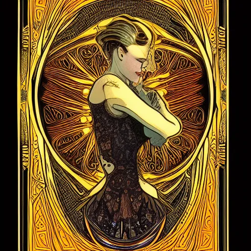 Image similar to a tarot card with Seven of Nine the Borg from star trek, art nouveau, amazing details, intricate details, beautiful , black paper, fractal system circuit , in the style of Alphonse Mucha,