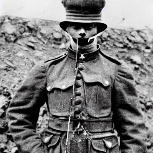 Image similar to a rabbit dressed as a ww1 russian soldier, posing in a muddy trench, grainy black and white photograph