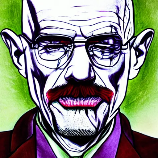 Prompt: bilateral half split portrait, walter white, the joker, color ink drawing