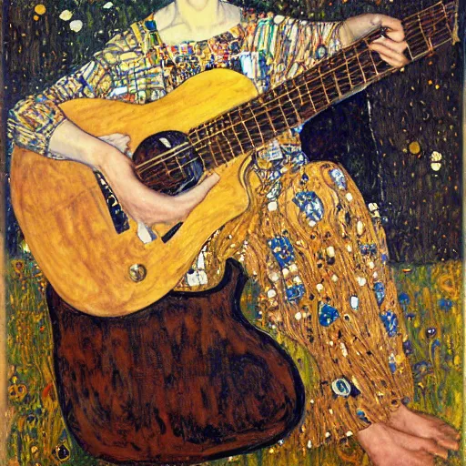 Image similar to Anne Erin Clark playing guitar by Kent Williams and Gustav Klimt