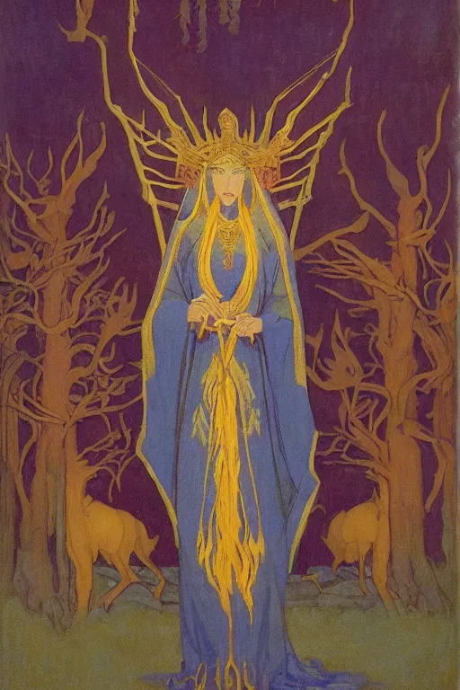 Prompt: new queen of the forest with her scepter, by Nicholas Roerich and jean delville, dramatic cinematic lighting , ornate headdress , lost civilizations, extremely detailed