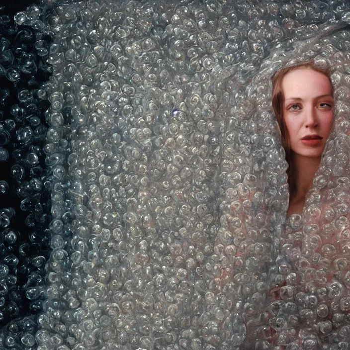 Image similar to a closeup portrait of a woman wrapped in bubble wrap, standing in front of a vast black forest, color photograph, by vincent desiderio, canon eos c 3 0 0, ƒ 1. 8, 3 5 mm, 8 k, medium - format print