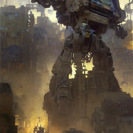 Image similar to six meters tall mech fighting in an urban environment, epic action scene, by gaston bussiere craig mullins jc leyendecker gustav klimt artgerm greg rutkowski john berkey, bergey, craig mullins, ruan jia, raymond swanland, jeremy mann, tom lovell, alex malveda