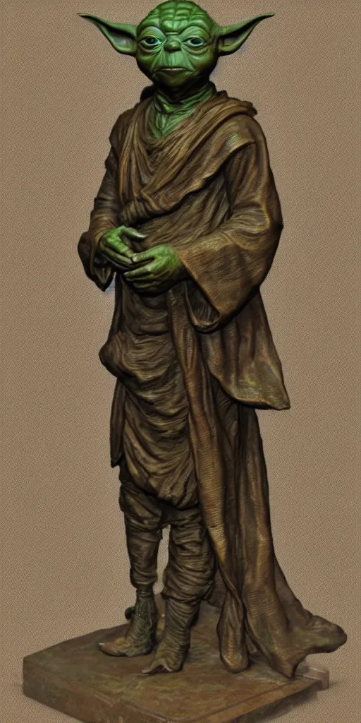 Prompt: detailed photo of an old bronze patina statue of yoda, full body portrait, various pose, photorealism, intricate detail, museum diffuse lighting