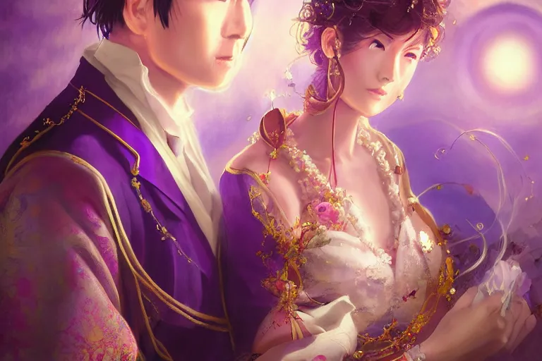 Image similar to a cinematic portrait of wedding photograph jpeg close up moment of a divine a japan sun god and moon goddess lovers magician at a wedding banquet. portraiture. digital painting. artstation. concept art. fantasy wedding photo. digital painting, 8 k realistic, hyper detailed, violet evergarden art masterpiece by art by krenz cushart