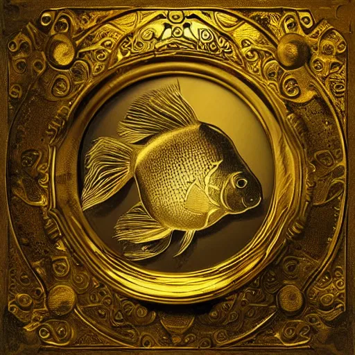 Prompt: ornate steampunk goldfish, gold and white etching, underwater, caustics