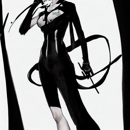 Image similar to slim beautiful killer girl in tuxedo with short black hair, elegant, 2d, ultra highly detailed, digital painting, smooth, sharp focus, artstation, black and white art by Tsutomu Nihei