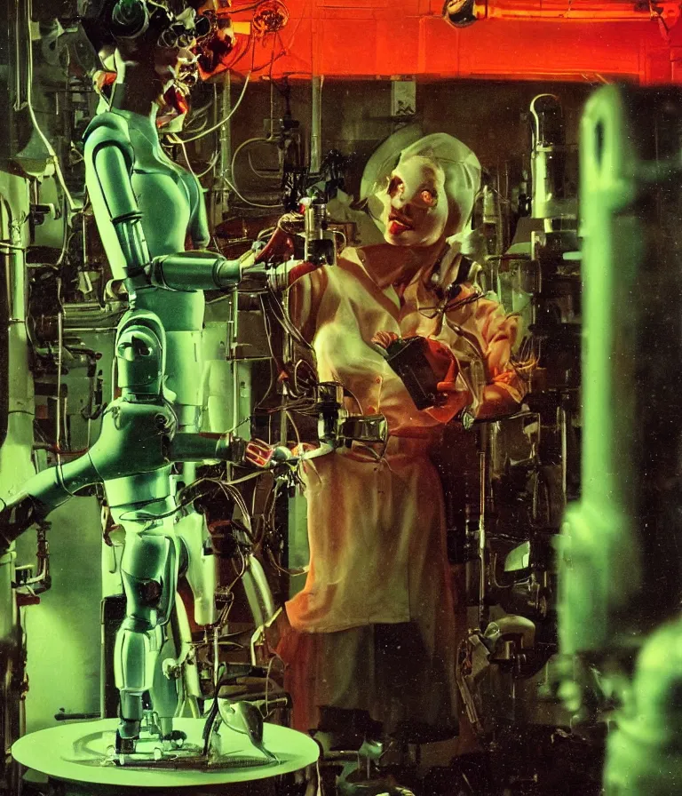 Image similar to a female mad scientist building a humanoid robot, in a darkly lit laboratory room, 1 9 5 0 s horror movie poster style, norman rockwell oil painting, close - up shot, retro science fiction, vintage, saturated pink and green lighting, shadowy lighting, cohesive