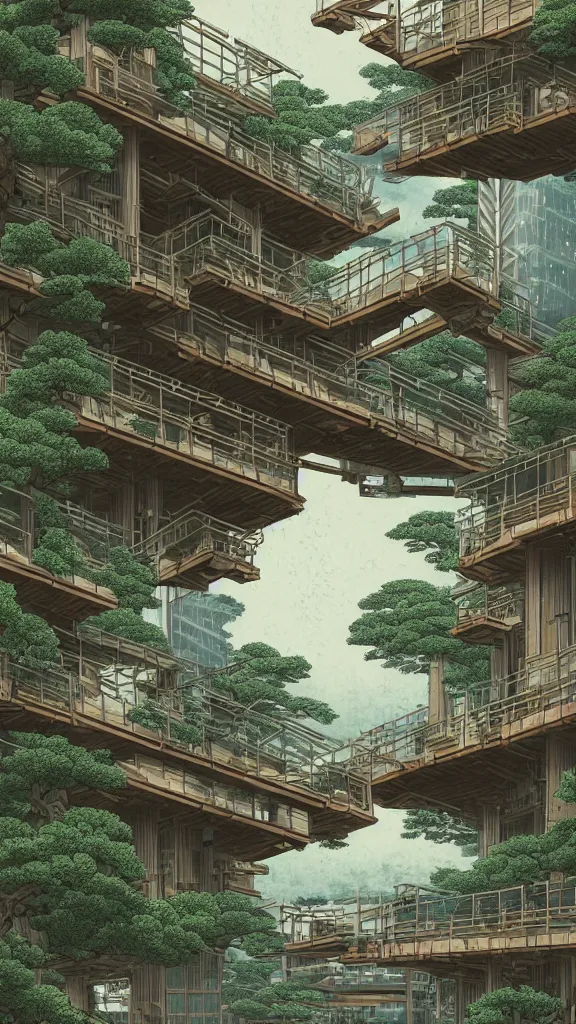 Prompt: photo in style of hokusai and piranesi. biopunk solarpunk timber futuristic building in a urban setting. ultrarealistic. rainy. mossy buildings have deep tall balconies with plants, trees, and many people in bright clothing. thin random columns, large windows, deep overhangs. greeble. 8 k, volumetric lighting.