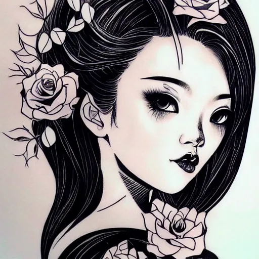 Image similar to tattoo design, stencil, beautiful japanese girls face, roses and ivy surrounding by artgerm, artgerm, cat girl, anime