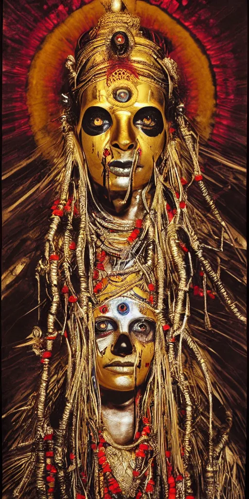 Prompt: award winning photo of dead india guru spirit, draped in shiny gold and silver, becoming god, red eyes wide open, india tika third eye, birds, rats, religious, mysticism, vivid colors, calm, symmetrical face, beautiful eyes, studio lighting, wide shot art by sally mann & arnold newman