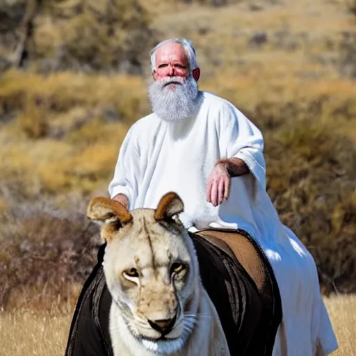 Prompt: old man ( wise long white beard wearing a hooded tunic ) riding on lions back