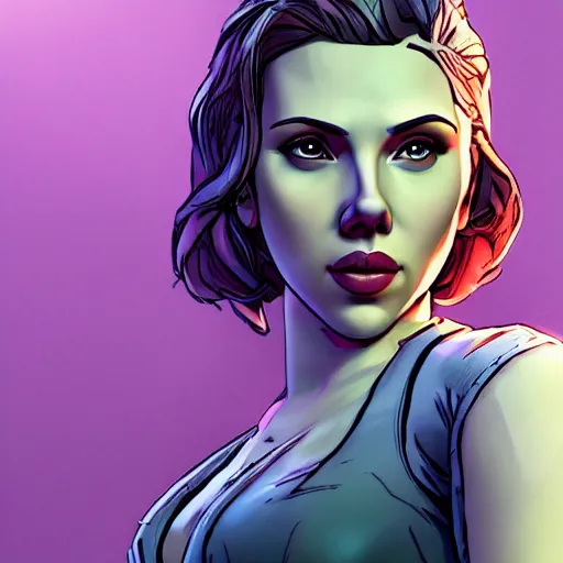 Image similar to scarlett johansson portrait, borderlands, tales from the borderlands, the wolf among us, comic, cinematic lighting, studio quality, 8 k