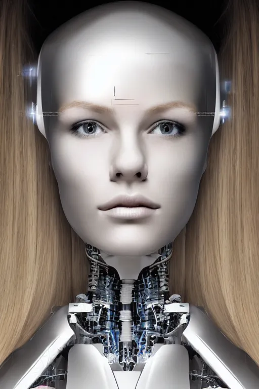 Image similar to robot with human face, female head, full body angle, woman human face, human face realistic, beautiful blonde hair, human head, human head with blonde hair, blonde hair human head, blonde hair, human realistic face, human head skin, cyborg frame concept, cyborg by ales-kotnik, sci-fi android female, the body is made of wires, robotic body, cyborg body, cyborg bust body, robot body cyborg, full body