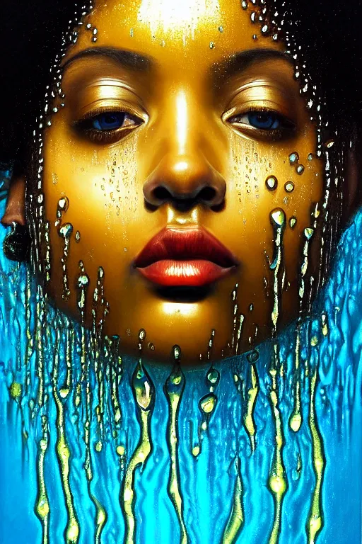 Image similar to hyperrealistic precisionist cinematic profile very expressive! oshun goddess, in water! john everett millais, mirror dripping droplet!, gold flowers, highly detailed face, digital art masterpiece, smooth eric zener cam de leon, dramatic pearlescent turquoise light on one side, low angle uhd 8 k, shallow depth of field