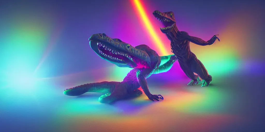 Image similar to reptilian humanoid fighting a huge banshee, with a radiant spectrum, rendered in octane, minimalism