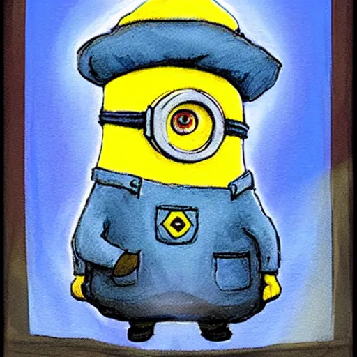 Image similar to handsome minion wearing a blue wizard robe and hat pondering a glowing orb