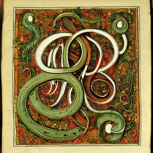 Image similar to a beautifully ornate and illuminated letter A, entwined serpents, vines, highly detailed